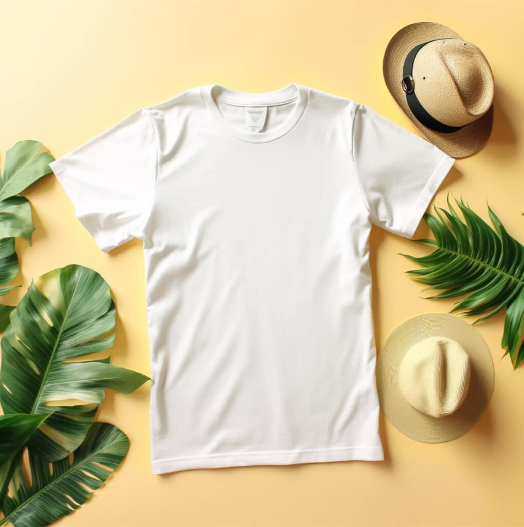 un t shirt coton bio blanc sur un fond jaune entouré de feuilles vertes de palmier et de monstera ainsi que d'un chapeau