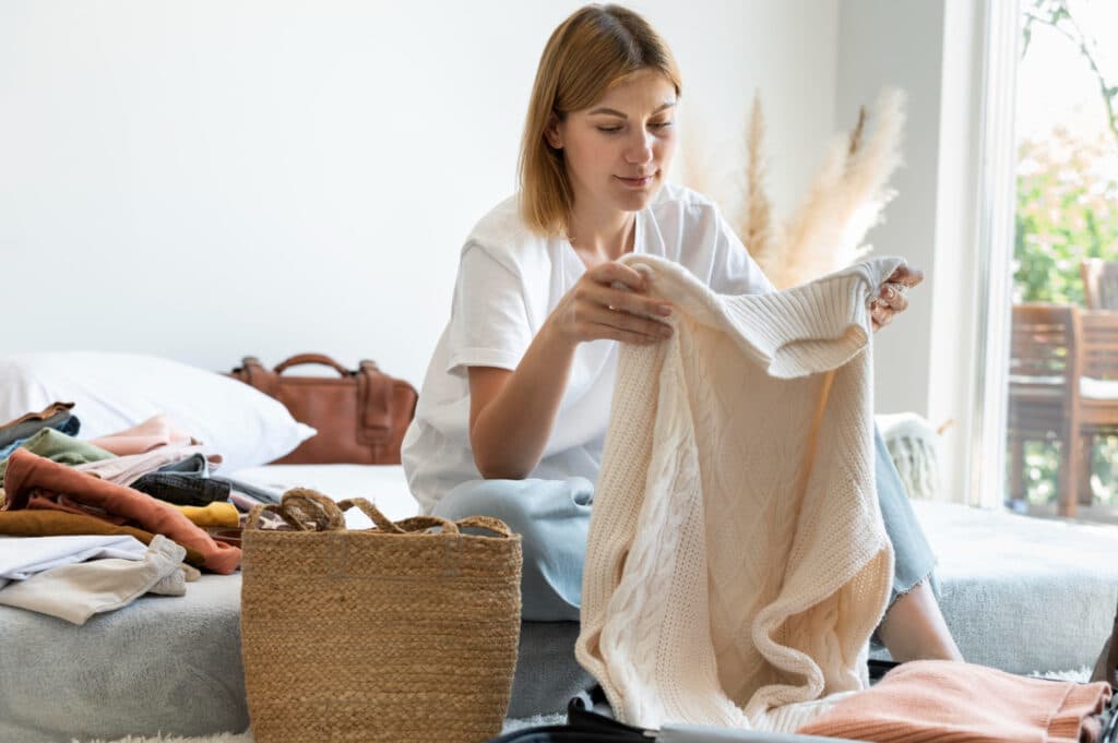 Une femme portant un T-Shirt blanc, assise sur un lit où sont éparpillés divers vêtements de différentes couleurs, examinant un pull col roulé de couleur blanc cassé. A ses côtés, un sac en raphia de couleur nude.