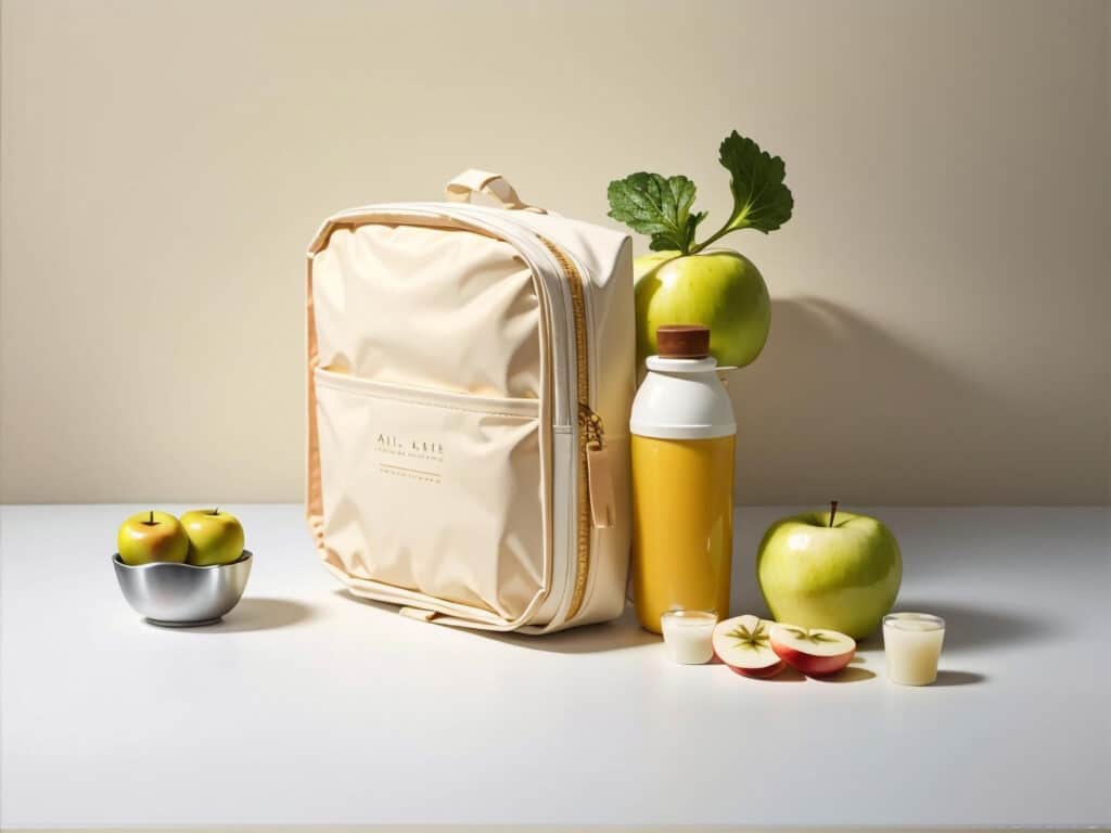 Un sac à dos de couleur jaune clair, posé à côté d'une gourde de couleur jaune et blanc, des pommes vertes et des  petites bougies blanches dans des verres.