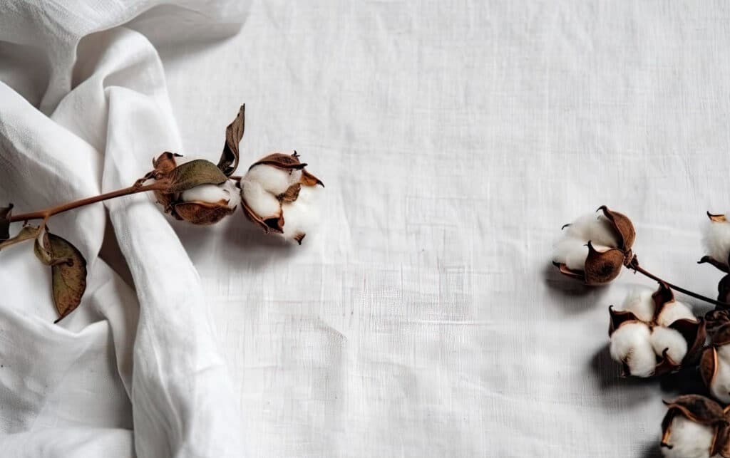 Un tissu en coton de couleur blanche sur lequel sont posées des fleurs de coton.