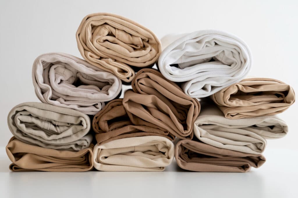 Des pantalons de différentes couleurs (blanc beige, marron clair et gris) empilés et posés sur une surface blanche.