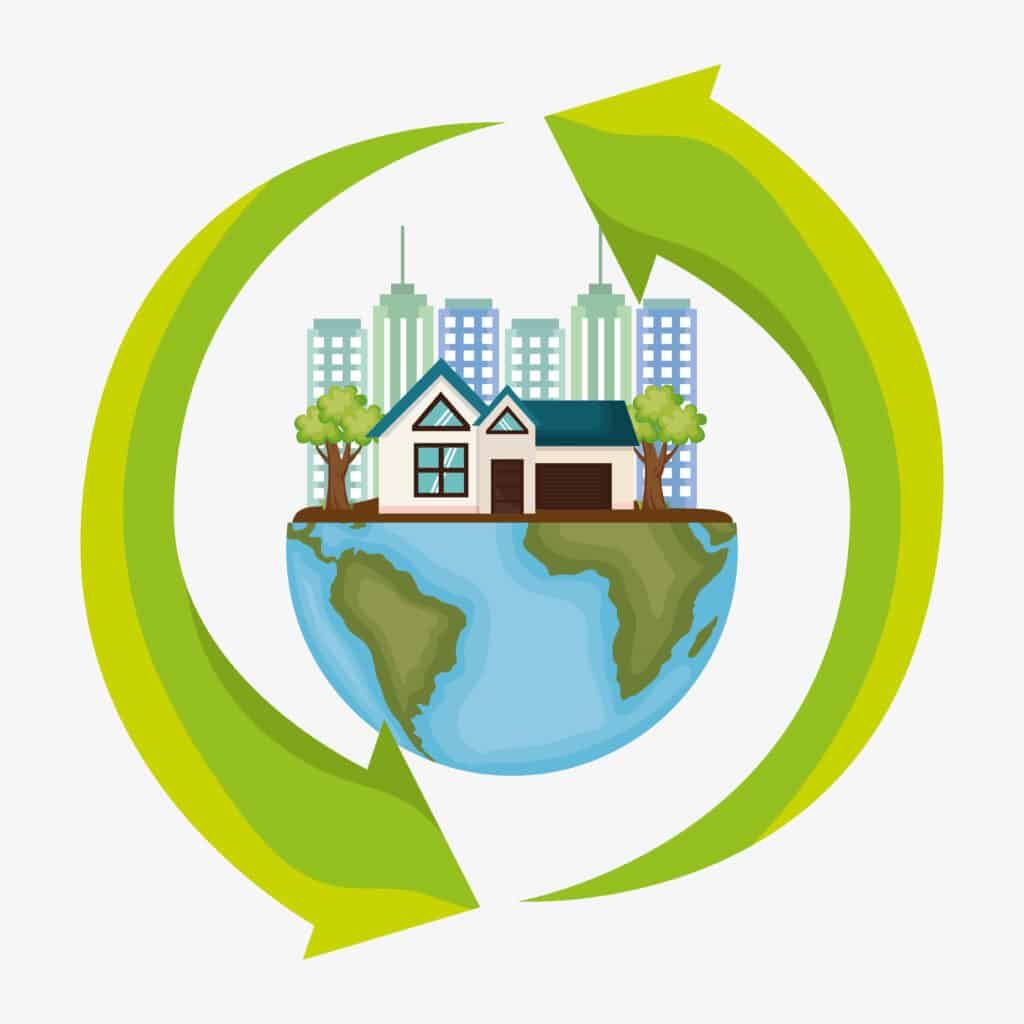 Le concept d'économie circulaire représenté par une image vectorielle d'une ville placé au dessus d'un demi-sphère du globe. Autour se trouvent deux flèches de couleur verte faisant le tour du globe.